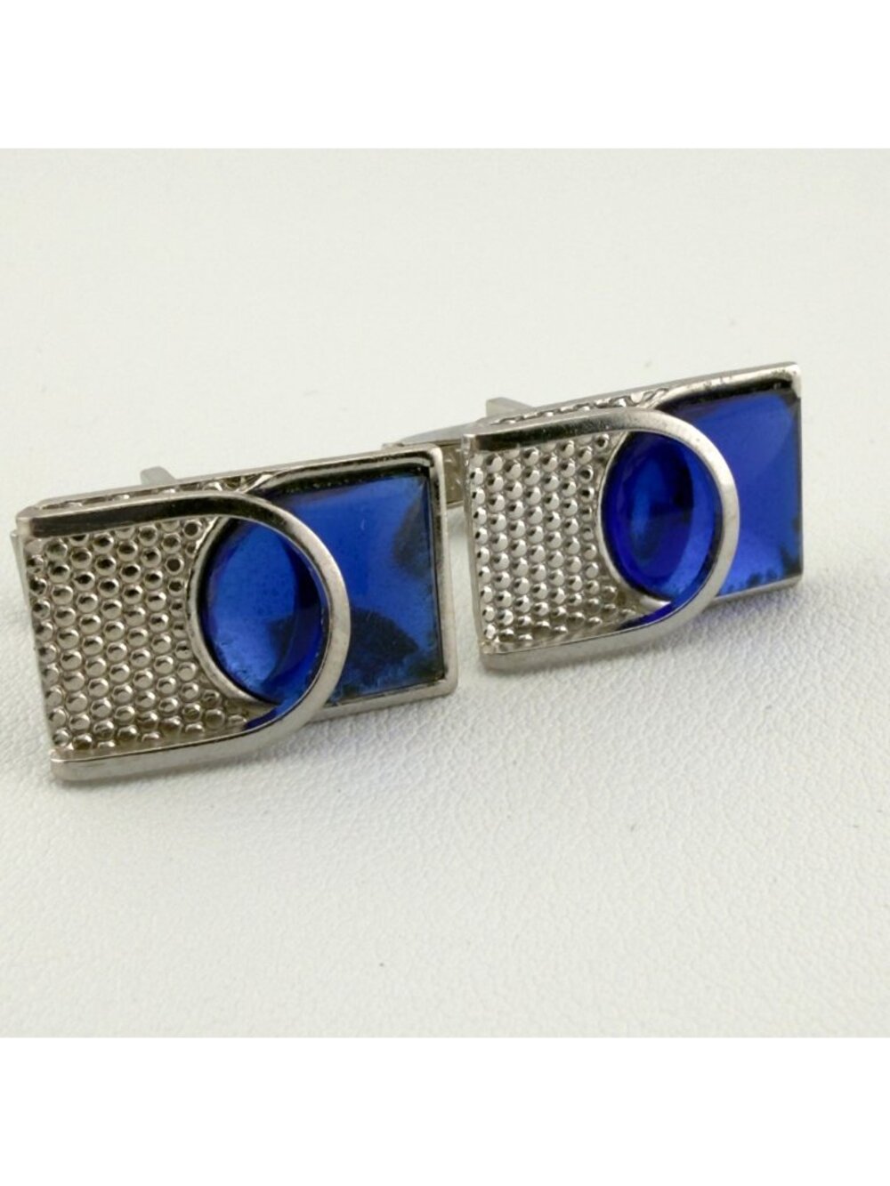 Vintage Rectangular Silver Tone Cufflinks With Blue Glass Accent